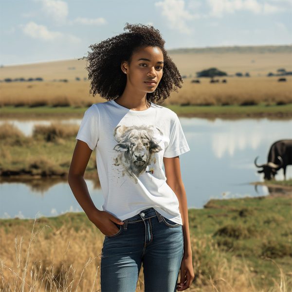 African female wearing a buffalo crew neck t-shirt with a buffalo in the background