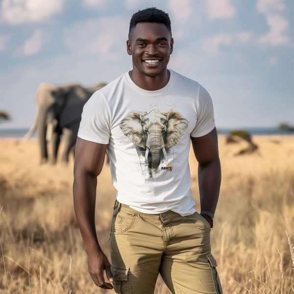 African male wearing an elephant crew neck t-shirt with an elephant in the background