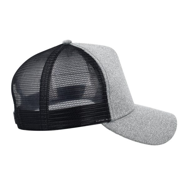 Side view of a grey trucker cap