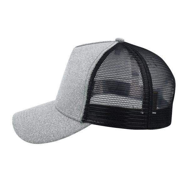 Side view of a grey trucker cap