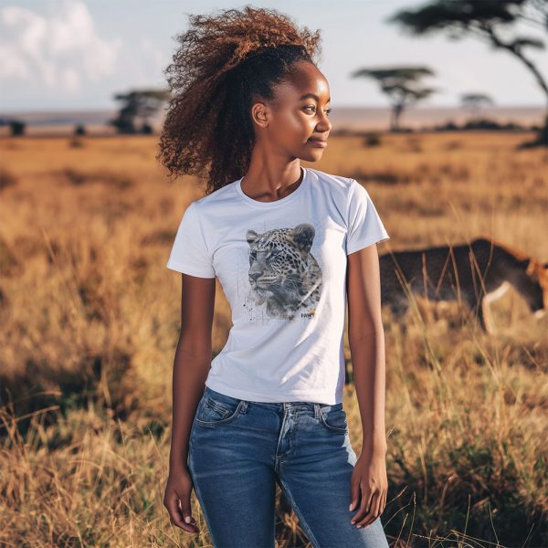 African female wearing a leopard crew neck t-shirt with leopard in the background