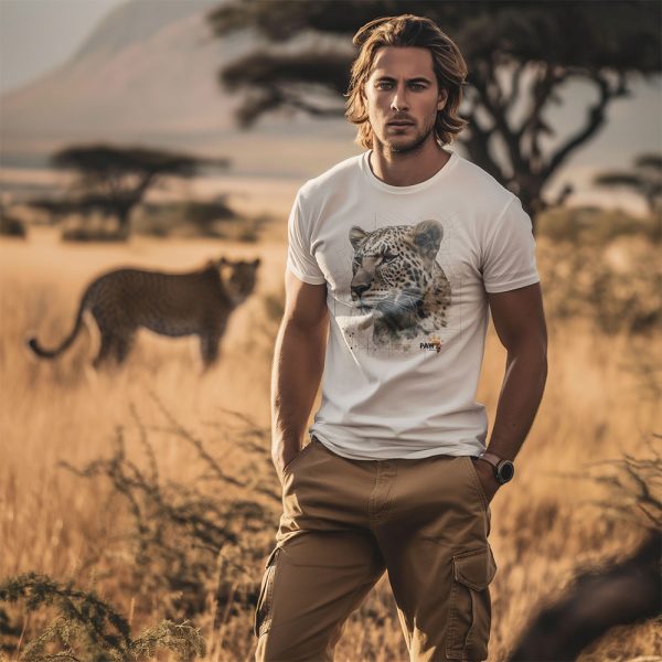 White male wearing a leopard crew neck t-shirt with leopard in the background