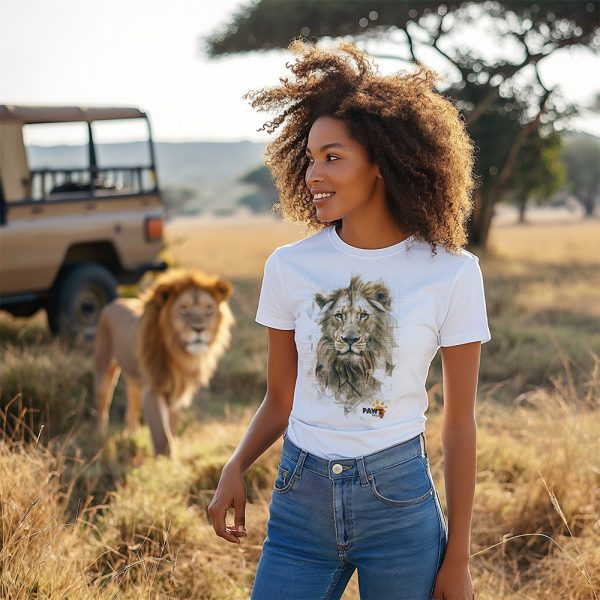 African female wearing a lion crew neck t-shirt with a lion in the background