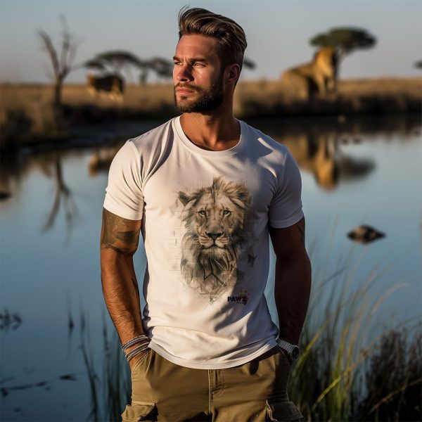 White male wearing a lion crew neck t-shirt with lions in the background