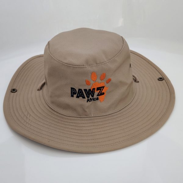 Khaki safari hat with the PAWZ Africa logo