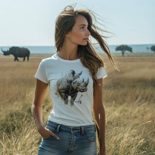 White female wearing a rhino crew neck t-shirt with a rhino in the background