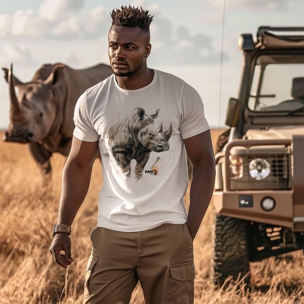 African male wearing a rhino crew neck t-shirt with a rhino in the background